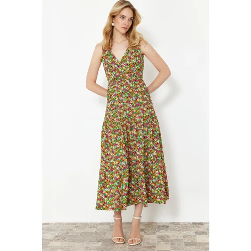 Trendyol Green Floral Red Patterned V-Neck Sleeveless A-Line Knitted Dress