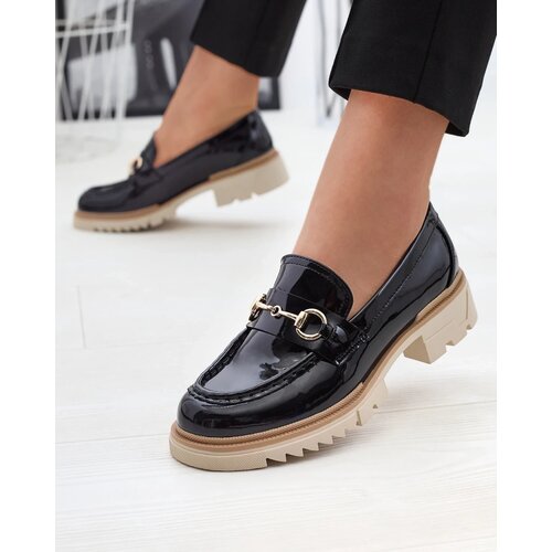 Resti Black lacquered women's moccasins with chain Soterra - Footwear Cene
