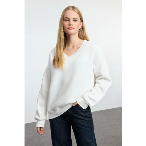 Trendyol Ecru Basic V Neck Oversize/Wide Pattern Thick Polar Fleece Knitted Sweatshirt