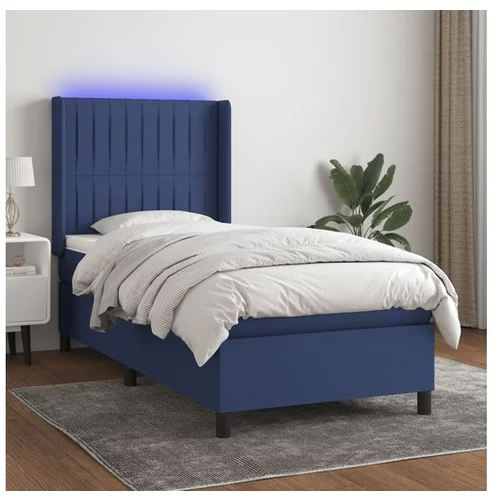  Box spring postelja z vzmetnico LED modra 90x190 cm blago