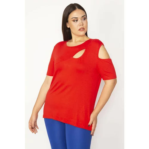 Şans Women's Plus Size Red Decollete Shoulder And Bust Blouse
