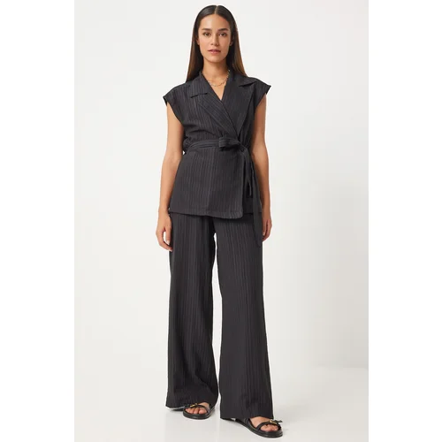 Happiness İstanbul Women's Black Belted Vest Palazzo Knitted Suite