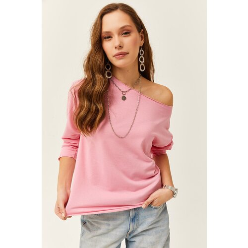 Olalook Women's Candy Pink Dirty Collar Printed Soft Textured Thin Sweatshirt Slike