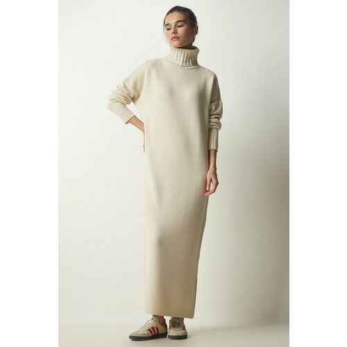 Happiness İstanbul Women's Cream Turtleneck Slit Oversize Knitwear Dress Slike