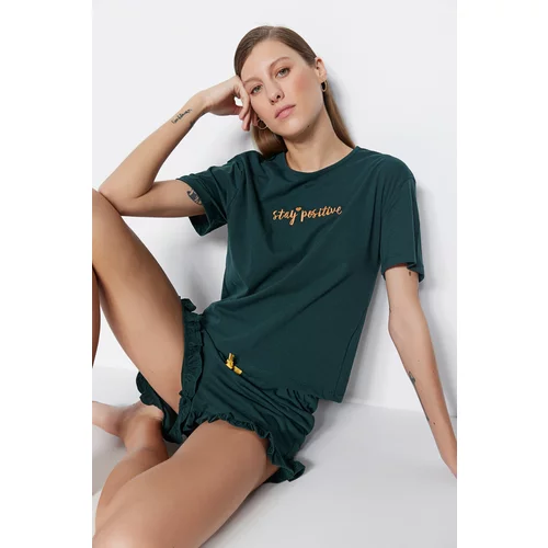 Trendyol Dark Green Embroidered Ruffle Detailed Cotton T-shirt-Shorts and Knitted Pajamas Set.