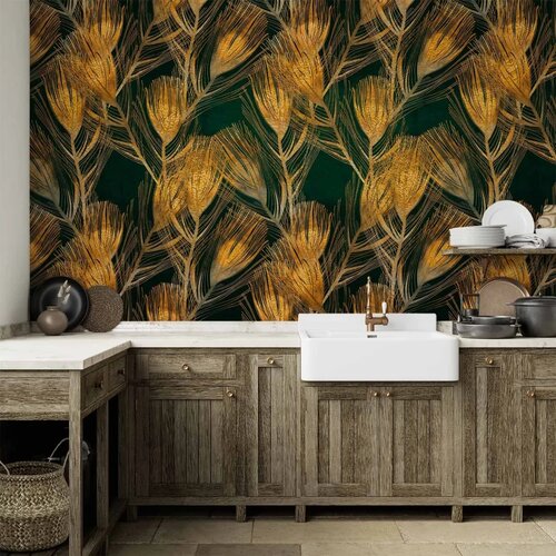  Foto tapeta - Golden peacock feathers - solid background with bird pattern on green background 200x140 Cene