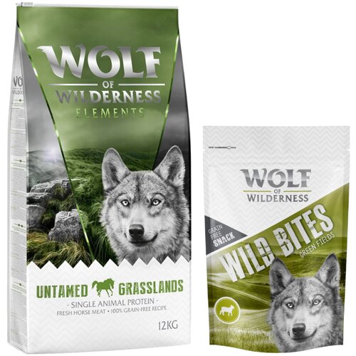 Wolf of Wilderness 12 kg suhe hrane + Snack gratis! - "Untamed Grasslands" - konjsko meso + Green Fields - jagnjetina (monoprotein) Cene