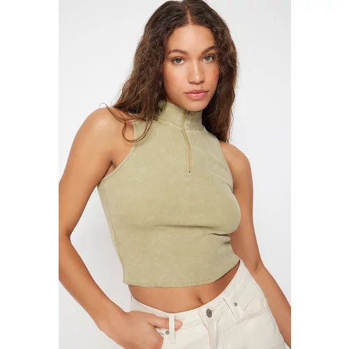 Trendyol Khaki Antique/Faded Effect Fitted Zippered Corded Cotton Stretchy Knitted Blouse