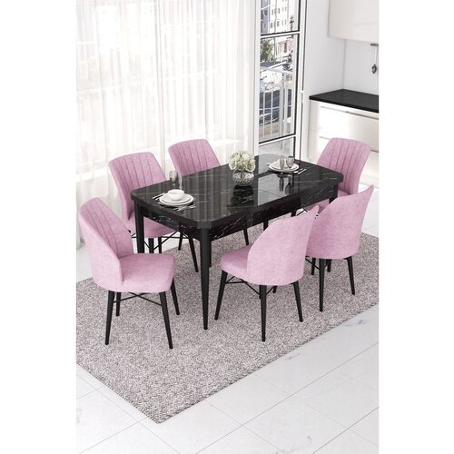 Hanah home Nef - Black Marble, Pink Black MarblePink Extendable Dining Table & Chairs Set (7 Pieces) Cene