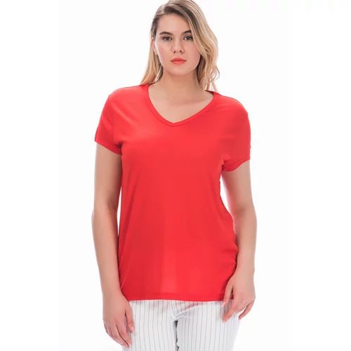 Şans Women's Plus Size Red Cotton Fabric V-Neck Blouse