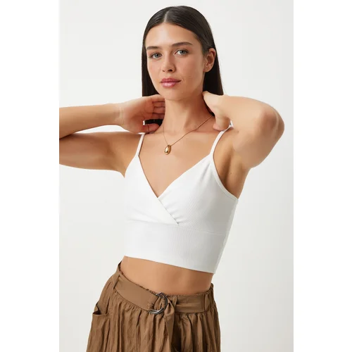 Happiness İstanbul Women's White Straps Crop Knitted Bustier