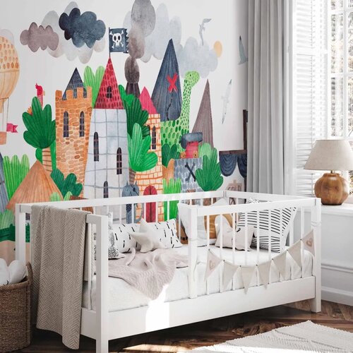  Foto tapeta - A colourful treasure island with a castle - a pirate ship at sea for children 500x350 Premium Slike