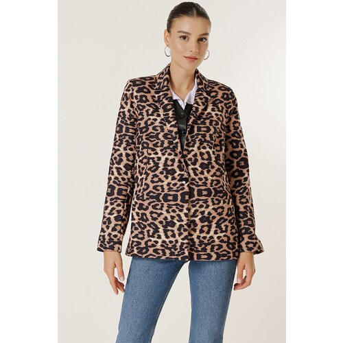 By Saygı One Button Lined Leopard Pattern Comfort Fit Jacket Slike