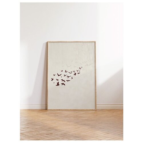 Wallxpert uramljena slika 115204, jato bordo ptica na svetlobež pozadini, 50 x 70 cm, ram u boji prirodnog drveta Slike