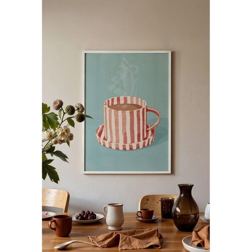 Wallxpert uramljena slika 115193, &amp;scaron;olja kafe sa crveno-belim prugama na tirkiznoj pozadini, 50 x 70 cm, beli ram Slike