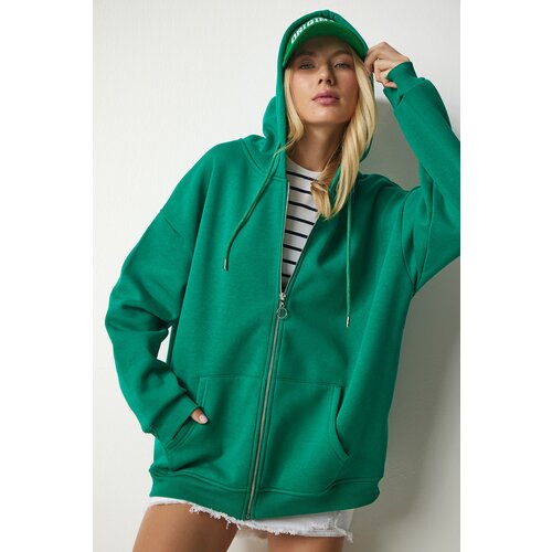 Happiness İstanbul Women's Green Hoodie with Zipper Oversized Sweatshirt Slike