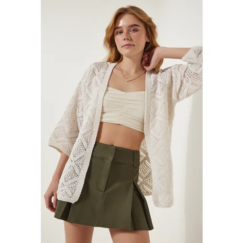  Women's Cream Openwork Seasonal Knitwear Cardigan