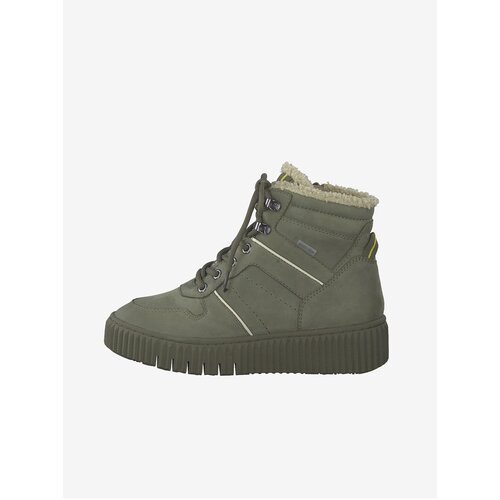 Tamaris Khaki Leather Ankle Boots with Faux Fur - Women Slike
