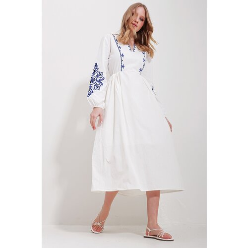 Trend Alaçatı Stili women's white v-neck inner lined linen embroidery midi length dress Cene