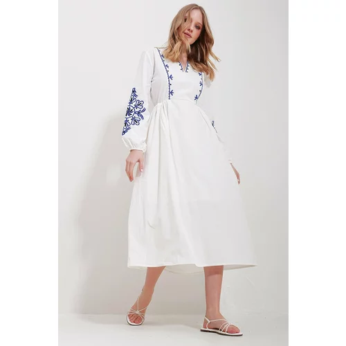 Trend Alaçatı Stili Women's White V-Neck Inner Lined Linen Embroidery Midi Length Dress