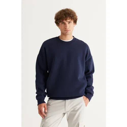 AC&Co / Altınyıldız Classics Men's Navy Blue Oversize Fit Wide Cut Cotton Fleece Inner 3 Thread Crew Neck Sweatshirt