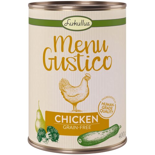 Lukullus &amp;quot;Menu Gustico&amp;quot; - pi&amp;scaron;čanec z brokolijem, bučkami in hru&amp;scaron;ko - 6 x 400 g Slike