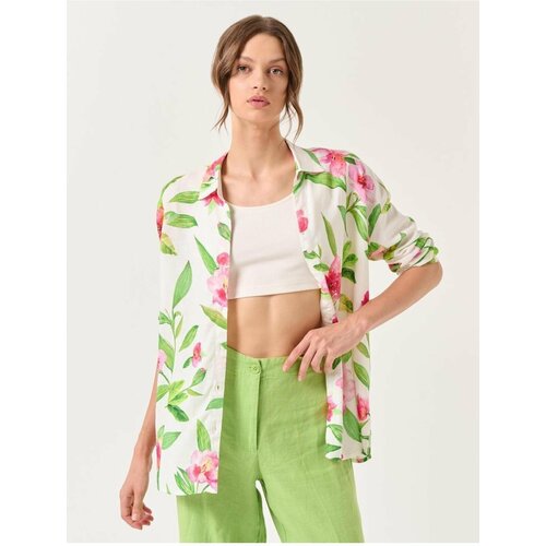 Jimmy Key Ecru Long Sleeve Floral Linen Shirt Slike