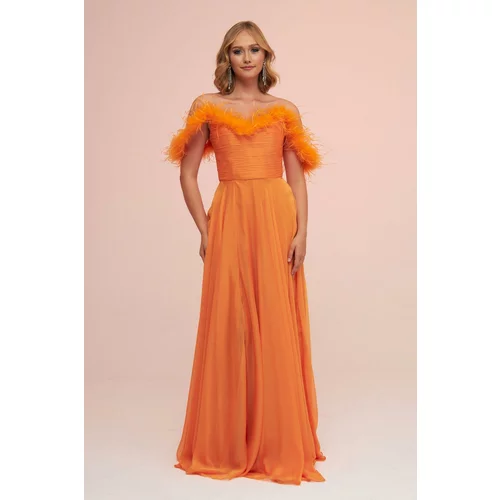Carmen Orange Chiffon Feathered Slit Long Evening Dress