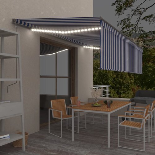 vidaXL Avtomatska tenda s senčilom LED + senzor 5x3 m modra in bela Cene