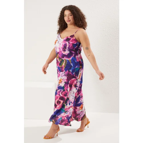 Trendyol Curve Multi-Colored Floral Adjustable Satin Maxi Woven with Straps Plus Size Dress