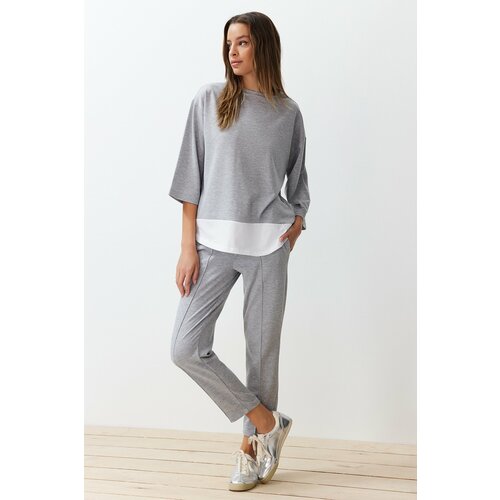 Trendyol Gray Melange Relaxed Fit and Woven Garni Detailed Knitted Two Piece Set Slike