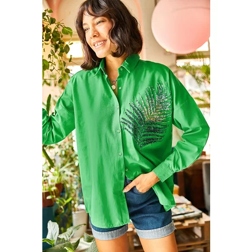 Olalook Women's Grass Green Palm Sequin Detailed Oversized Woven Poplin Shirt
