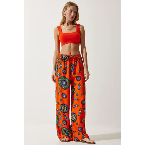  Women's Orange Purple Patterned Flowing Viscose Palazzo Trousers