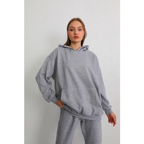 BİKELİFE Women's Gray Oversize Raised Three Thread Hooded Sweatshirt Slike