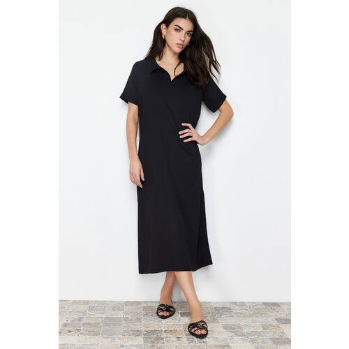Trendyol Black Polo Neck Short Sleeve Midi Crepe/Textured Knitted Dress Slike