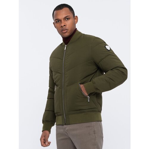 Ombre Men&amp;#039;s quilted bomber jacket with metal zippers - dark olive green Slike