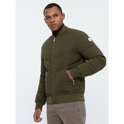 Ombre Men's quilted bomber jacket with metal zippers - dark olive green Cene