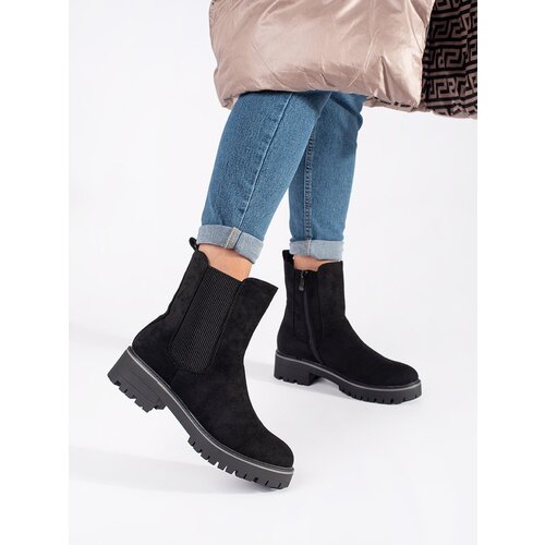 Shelvt Black flat suede ankle boots with elastic insert Cene
