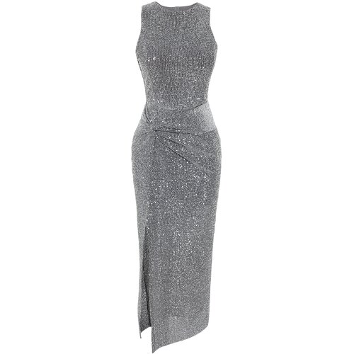 Trendyol Silver Fitted Knitted Glittering Sequined Elegant Evening Dress Slike