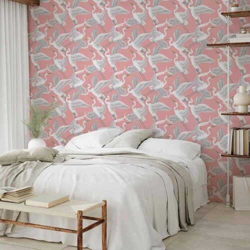  Tapeta - Pastel birds &amp;ndash; a delicate pattern of white and grey herons on a light pink background 50x1000 Premium Slike