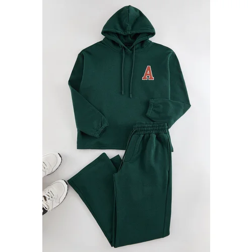 Trendyol Emerald Green Oversize/Wide Cut Hooded Letter Embroidered Tracksuit Set