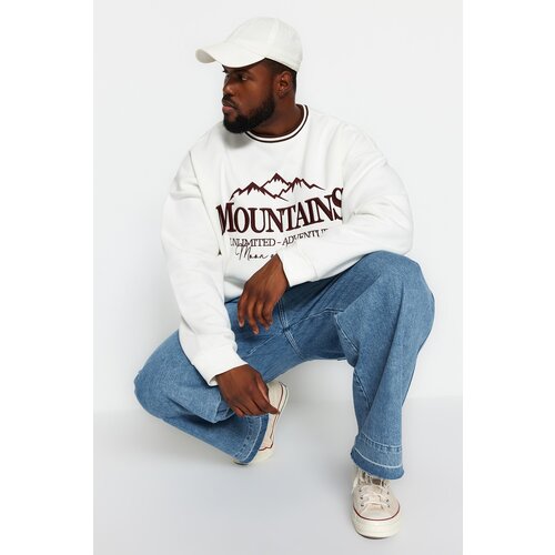 Trendyol Ecru Men&amp;#039;s Plus Size Oversized Comfortable Embroidered Collar Detail, Soft Pile inside, Cotton Sweatshirt. Slike