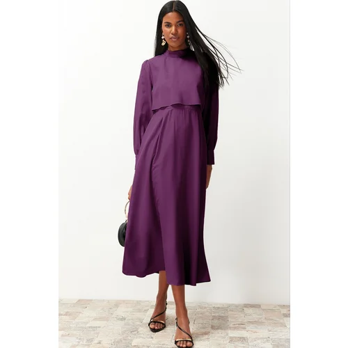 Trendyol Dark Purple Aller Piece Detailed Woven Dress