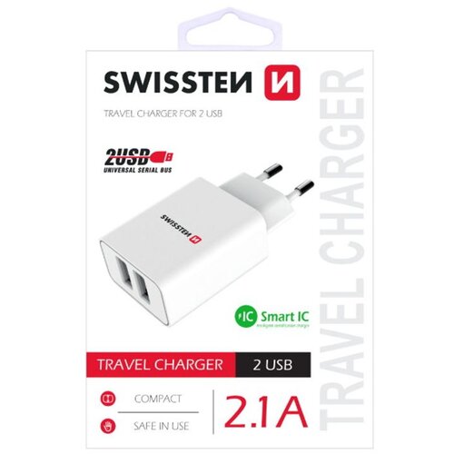 Swissten punjač za AC220, 2xUSB, 2.1A, SMART IC, bijeli Cijene