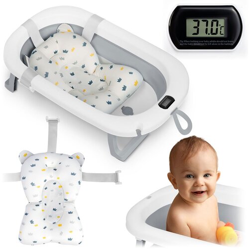 Ricokids RK-287 &amp;ndash; Zložna otro&amp;scaron;ka kadica 45 L z LCD termometrom in blazino za novorojenčke, bela-siva Slike