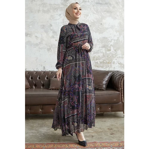 InStyle Viera Shawl Patterned Chiffon Dress with Belted Collar - Black