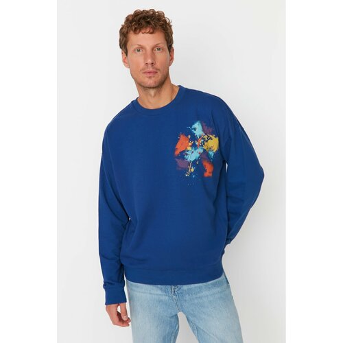 Trendyol Navy Blue Men's Oversize Fit Crew Neck Printed Sweatshirt Cene