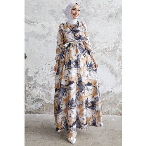 InStyle Sevinya Patterned Belted Satin Dress - Mustard Slike