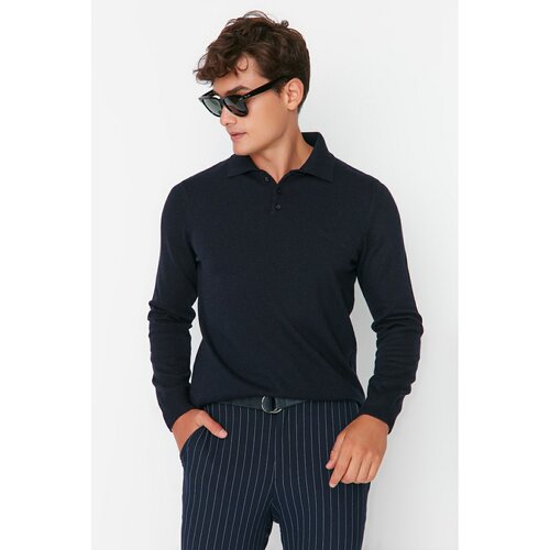 Trendyol Navy Blue Men's Slim Fit Polo Collar Buttoned Smart Knitwear Sweater Cene