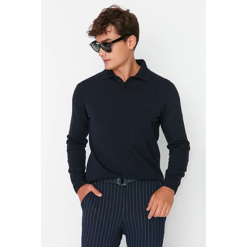 Trendyol Navy Blue Men's Slim Fit Polo Collar Buttoned Smart Knitwear Sweater